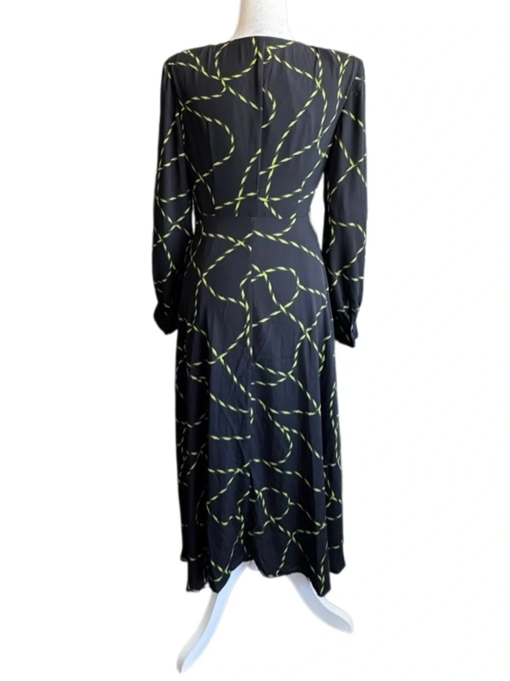 Urban Revivo Womens Black Chain Print Midi Dress Wrap Ruched Long Sleeves S NEW